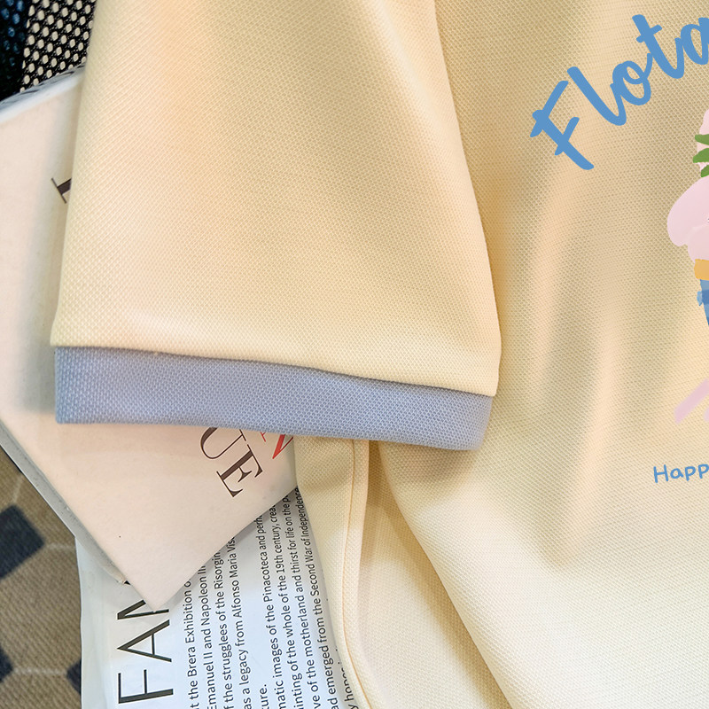 CSVQ NICHE POLO COLLAR BLUE COLOR-BLOCK CAKE PRINT SHORT SLEEVE T-SHIRT WOMENS CASUAL LAPEL LOOSE BREATHABLE TOP