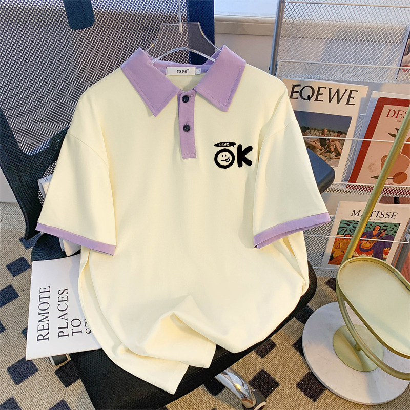 CSVQ COTTON ORIGINAL LETTER VINTAGE POLO NECK SHORT SLEEVE T-SHIRT FEMALE COUPLE LOOSE SWEET COOL VERSATILE AMERICAN TOP