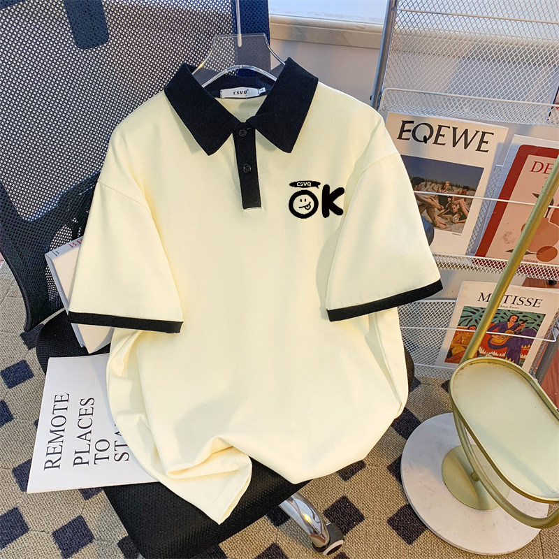 CSVQ COTTON ORIGINAL LETTER VINTAGE POLO NECK SHORT SLEEVE T-SHIRT FEMALE COUPLE LOOSE SWEET COOL VERSATILE AMERICAN TOP