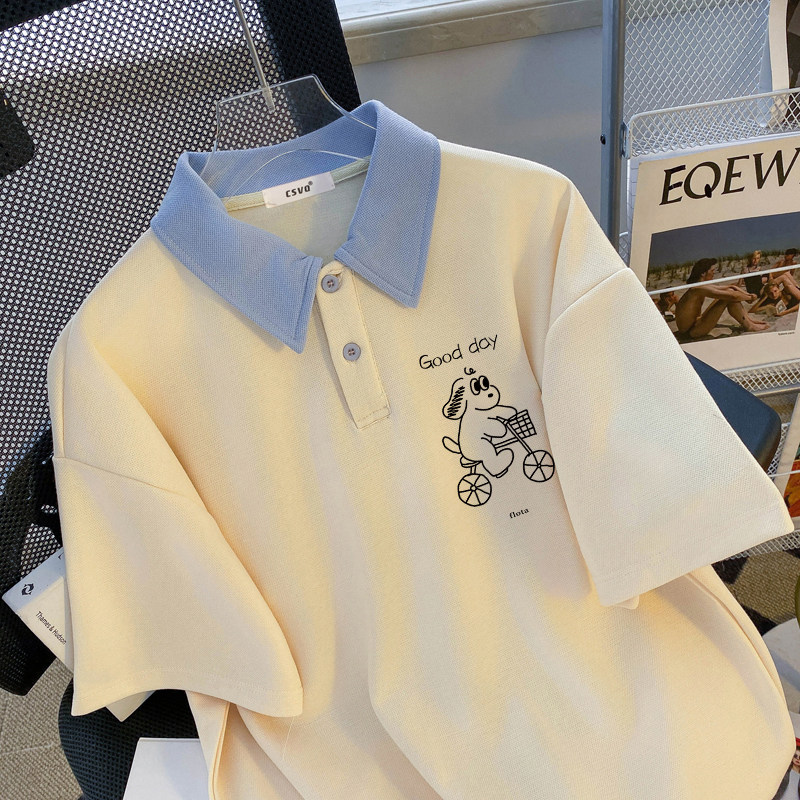 CSVQ CHILDRENS BICYCLE DOG POLO COLLAR SHORT SLEEVE T-SHIRT WOMENS AGE REDUCTION COLLEGE CASUAL BLUE LOOSE TOP SUMMER