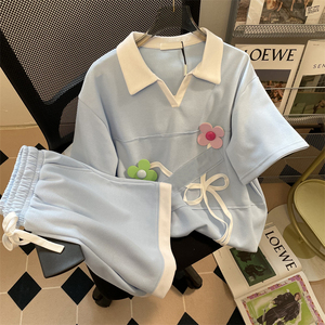 CSVQ 花朵Polo衫翻领上衣短裤套装女夏季宽松小众高级感两件套ins