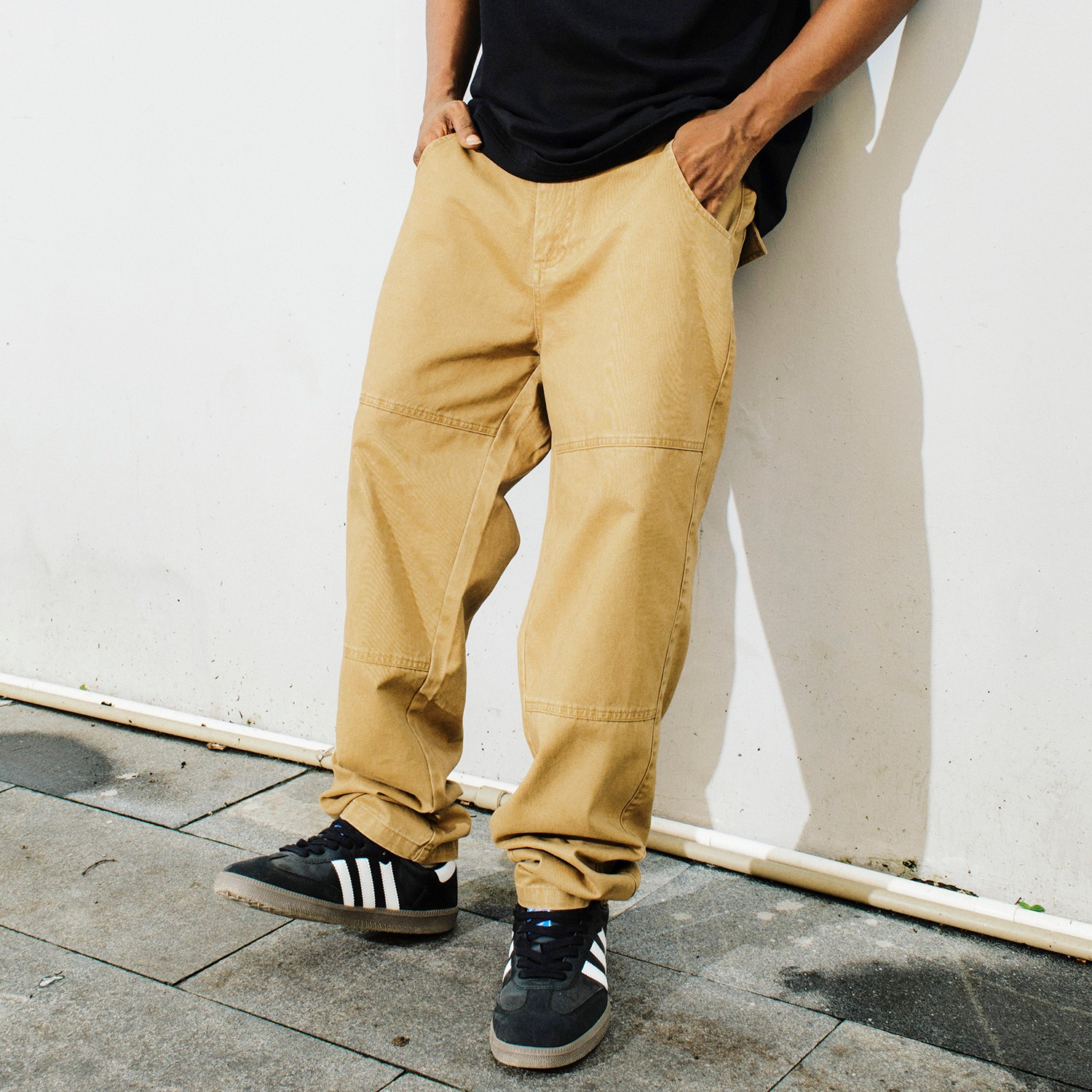 小直筒拼接美式宽松锥型休闲裤男