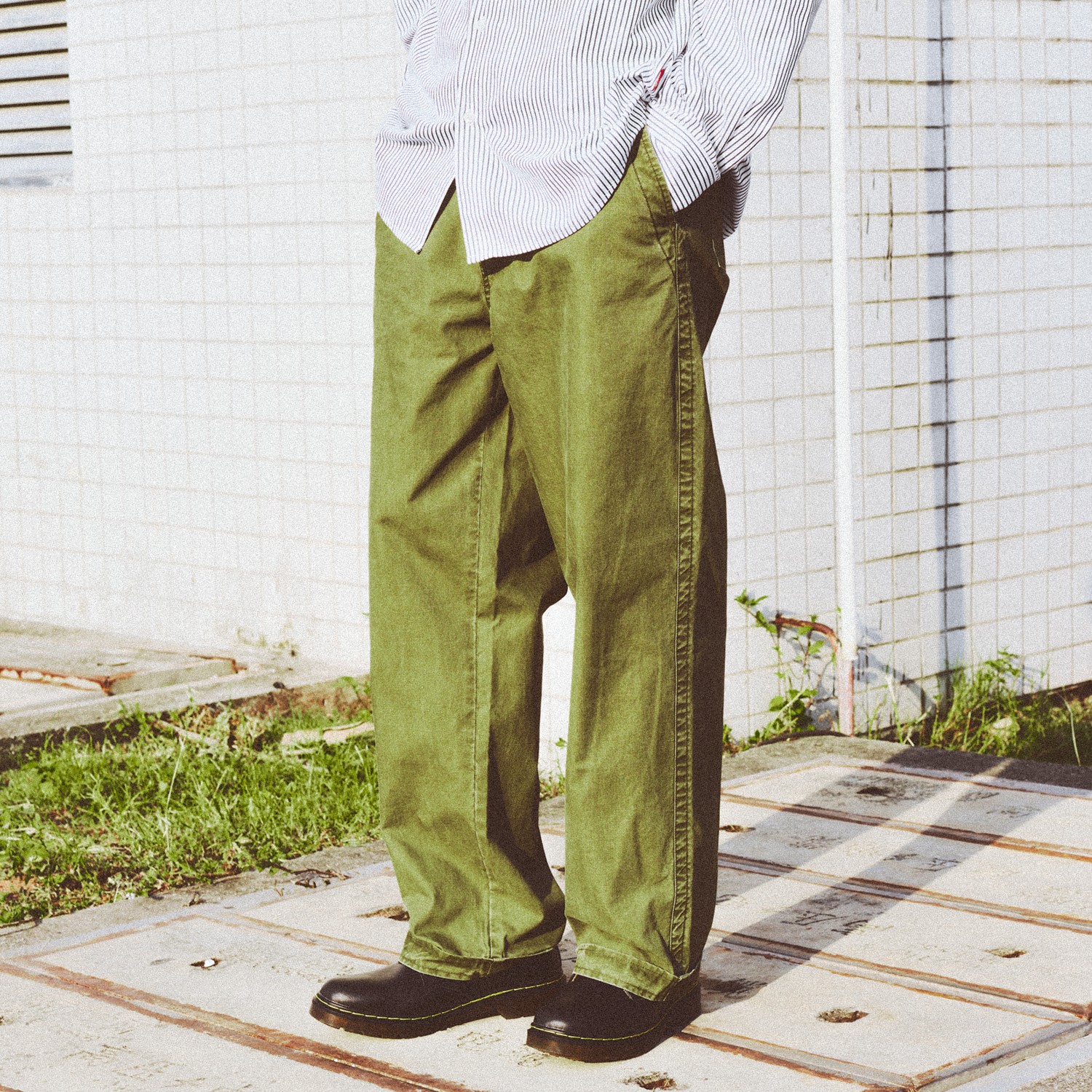 格纹洗褪休闲裤男士宽松美式长裤