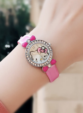 女童手表女孩初中小学生女生表KT猫可爱蝴蝶结水钻石英公主电子表