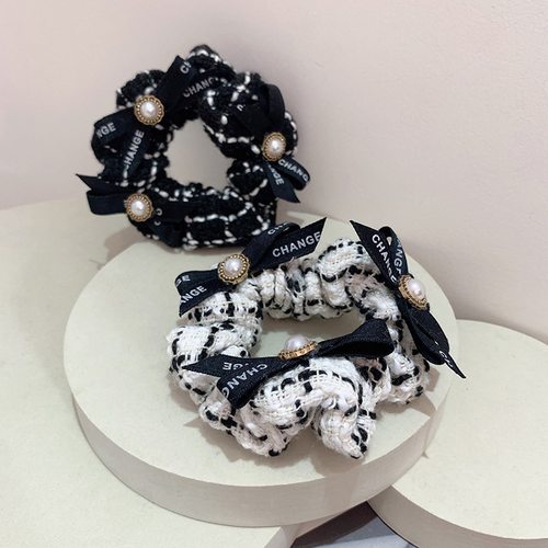 小香风气质尼格子发圈黑白配甜美可爱珍珠字母织带蝴蝶结发绳头饰