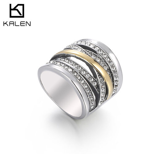 交缠指环多圈闪亮锆石时尚钛钢戒指女复古夸张宽面女间色戒指批发