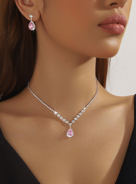 欧美外贸水滴满钻水滴耳环项链套装影楼婚庆饰品 新娘礼服配饰女