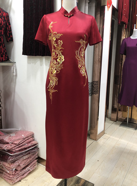 醋酸旗袍喜婆婆婚宴礼服高档刺绣夏款改良妈妈结婚旗袍长款春夏季