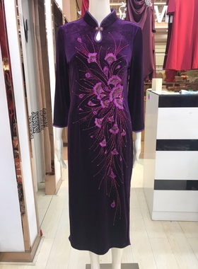 富贵依枝花2022秋冬金丝绒旗袍连衣裙喜婆婆妈妈婚宴礼服228001