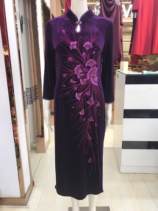 富贵依枝花2022秋冬金丝绒旗袍连衣裙喜婆婆妈妈婚宴礼服228001