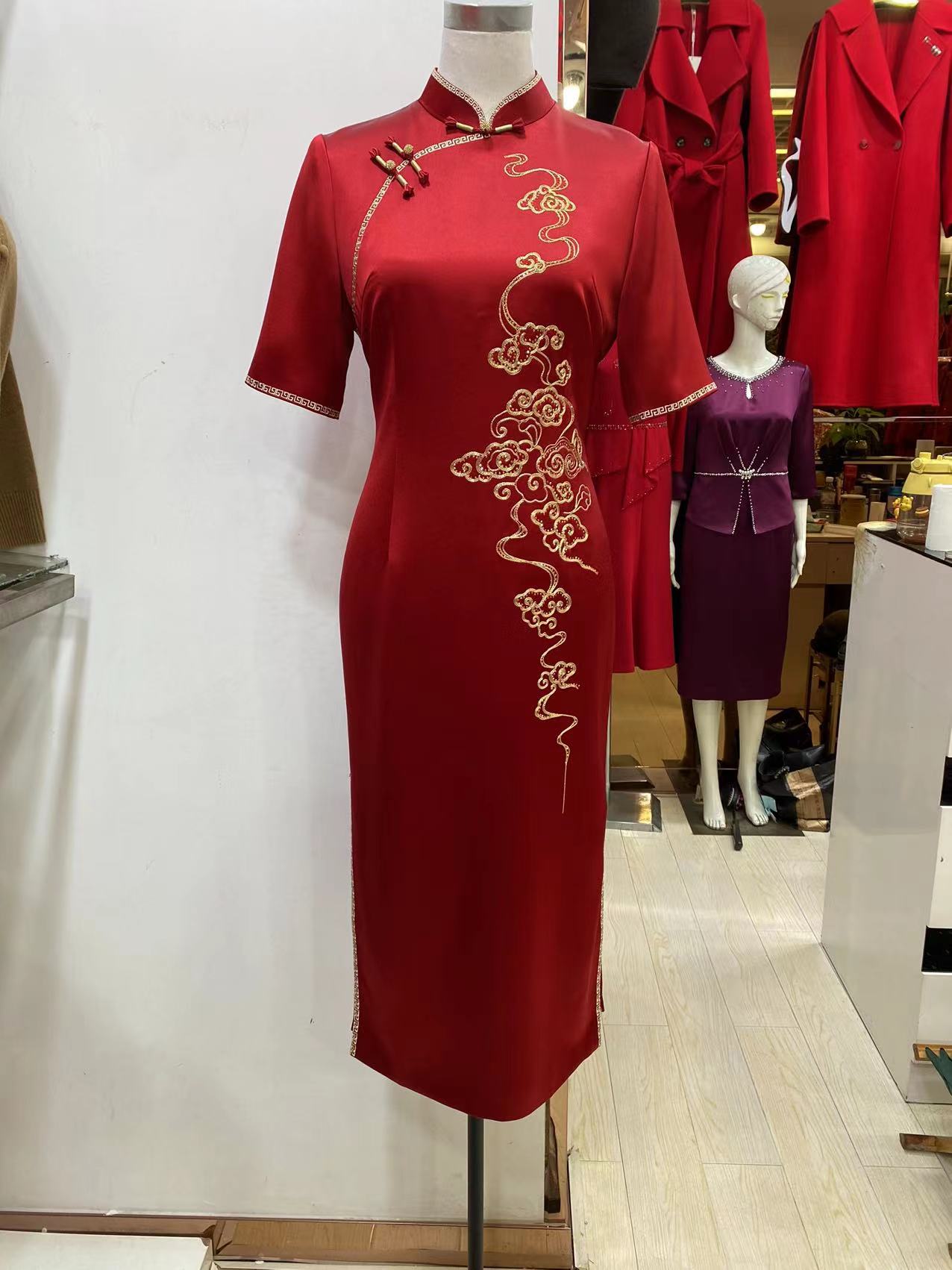 高端喜婆婆妈妈礼服醋酸缎旗袍刺绣新式婚宴装喜服敬酒服