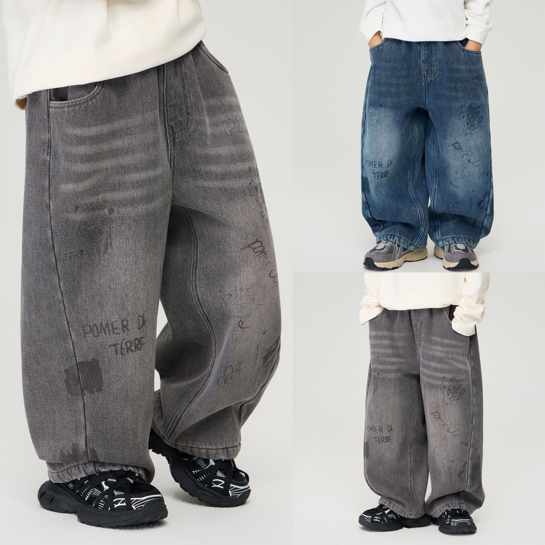 2025冬季新款儿童趣味涂鸦印花加厚休闲裤男中大童一体绒牛仔裤子