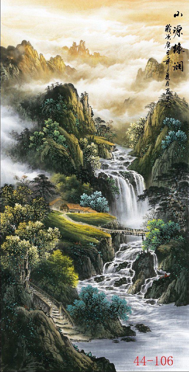 国画山水画源远流长字画竖版玄关酒店茶楼办公室装饰画f-106