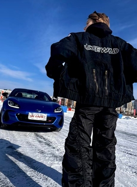 Juice Wrld 牛仔机车夹克大刺绣长袖棉服 男女同款 黑色帅气外套