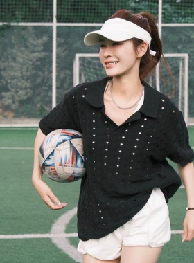 Juice Wrld黑色镂空设计短袖针织衫 翻领休闲款休闲风