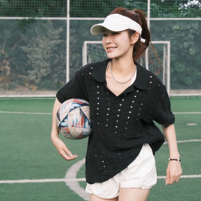 JuiceWRLD黑色镂空翻领针织衫