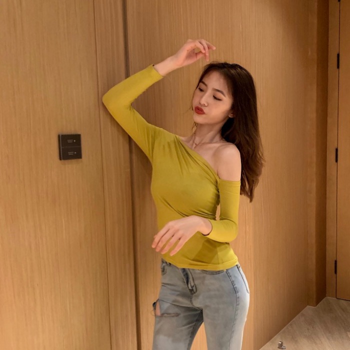 Real price real auction chic off shoulder long sleeve T-shirt with slant shoulder hanging neck hollow bottomed shirt T-shirt