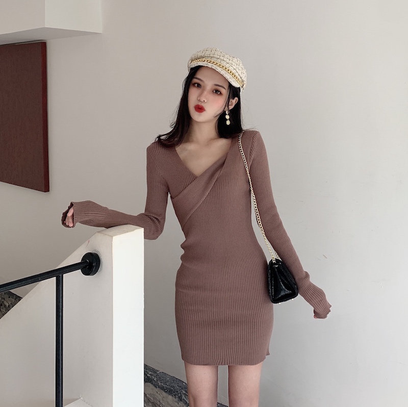 Real price real shot design sense cross slim slim knit dress with bottoming and buttock covering short skirt for women
