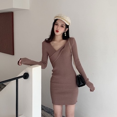 Real price real shot design sense cross slim slim knit dress with bottoming and buttock covering short skirt for women