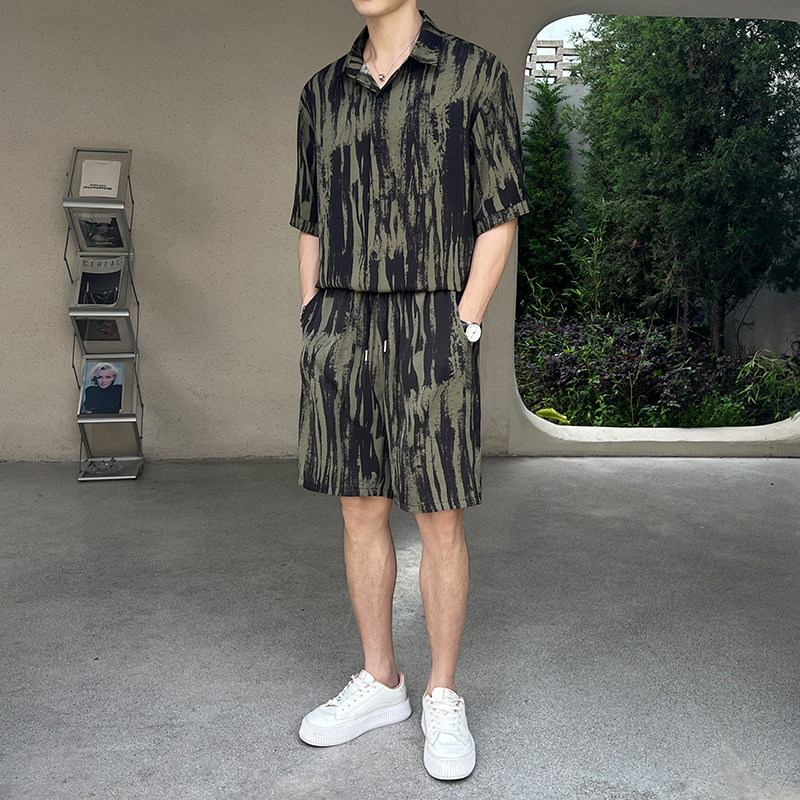2025夏季短袖短裤斑马条纹衬衫套装TZ9044。可拆卖,男装休闲套装,电商B307