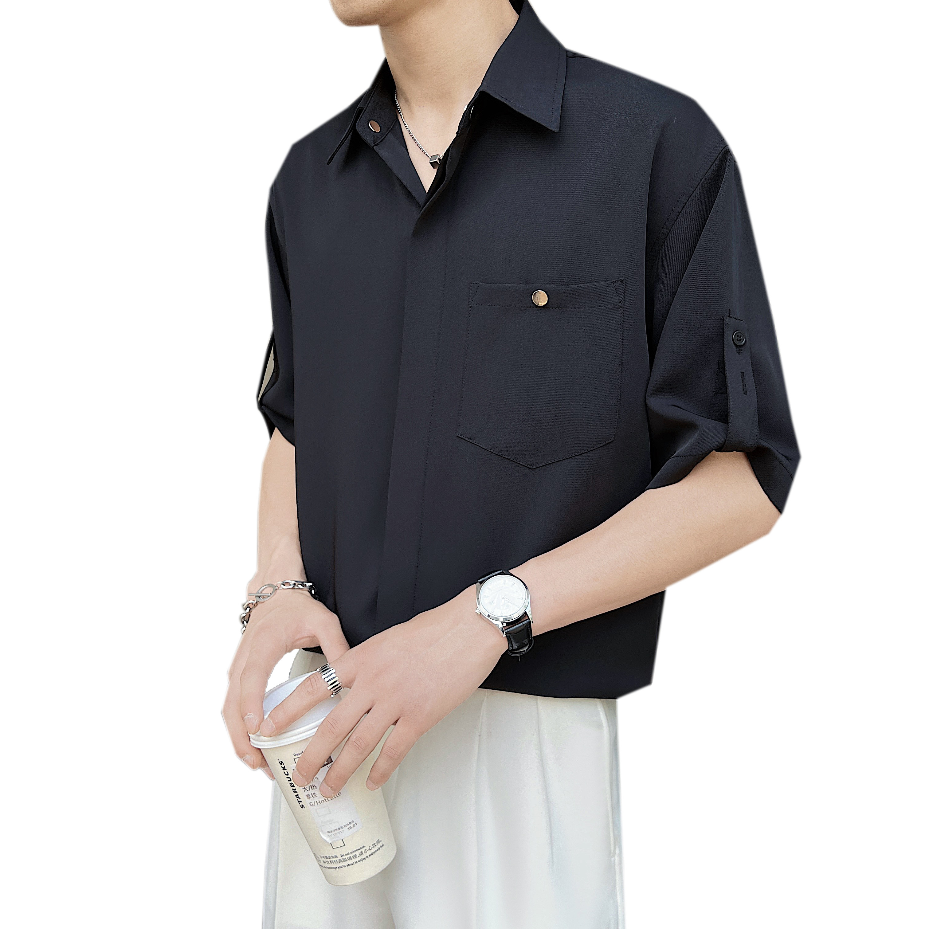 直播数据款夏季新款男士帅气潮流纯色五分袖短袖衬衫2C8080-P50,男装T恤,电商B307