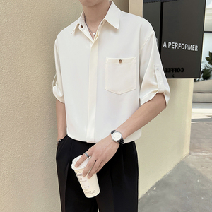 直播数据款 夏季新款男士帅气潮流纯色五分袖短袖衬衫2C8080-P50图片