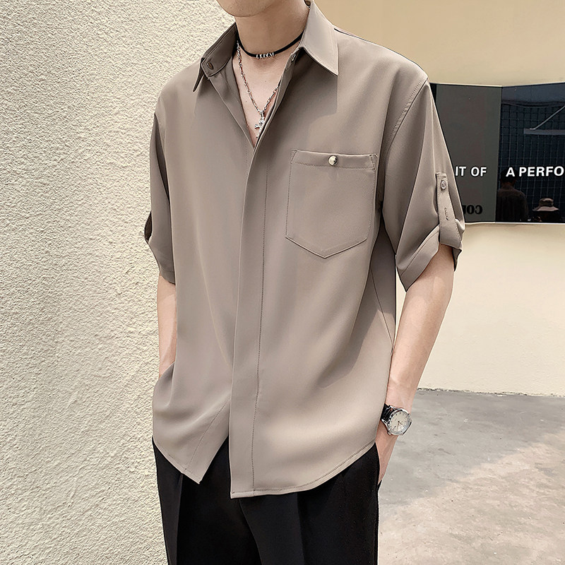 2025夏季新款男士帅气潮流纯色五分袖短袖衬衫1C8080-P50图片
