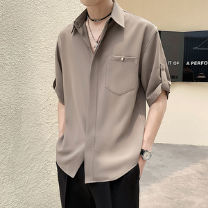 2025夏季新款男士帅气潮流纯色五分袖短袖衬衫1C8080-P50图片
