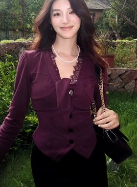 纯欲风紫色针织衬衫女秋季蕾丝花边v领长袖衬衣收腰显瘦辣妹上衣