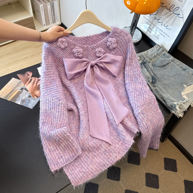 大码洋气不规则下摆温柔蝴蝶结立体花朵针织软糯百搭V领毛衣