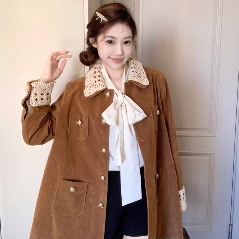 原版有内里 复古蕾丝棕色外套女秋冬季美拉德翻领工装小香风上衣