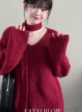 跨境亚马逊新年红色v领飘带毛衣女秋冬新款宽松中长款针织衫上衣