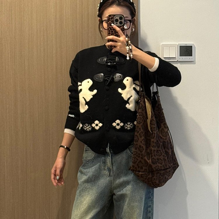 美式甜美可爱兔子polo领毛衣女春秋新款慵懒风宽松拉链开衫上衣潮