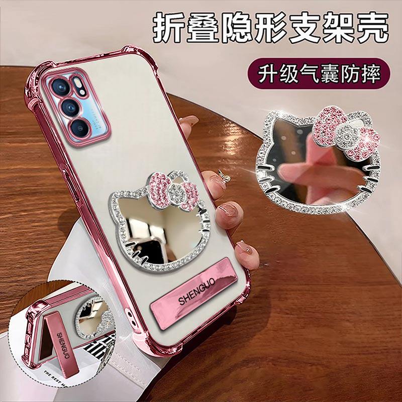 适用OPPOReno6手机壳KT猫镜子OPPO电镀四角防摔气囊支架OPPOReno6Pro高颜值创意女款手链保护套