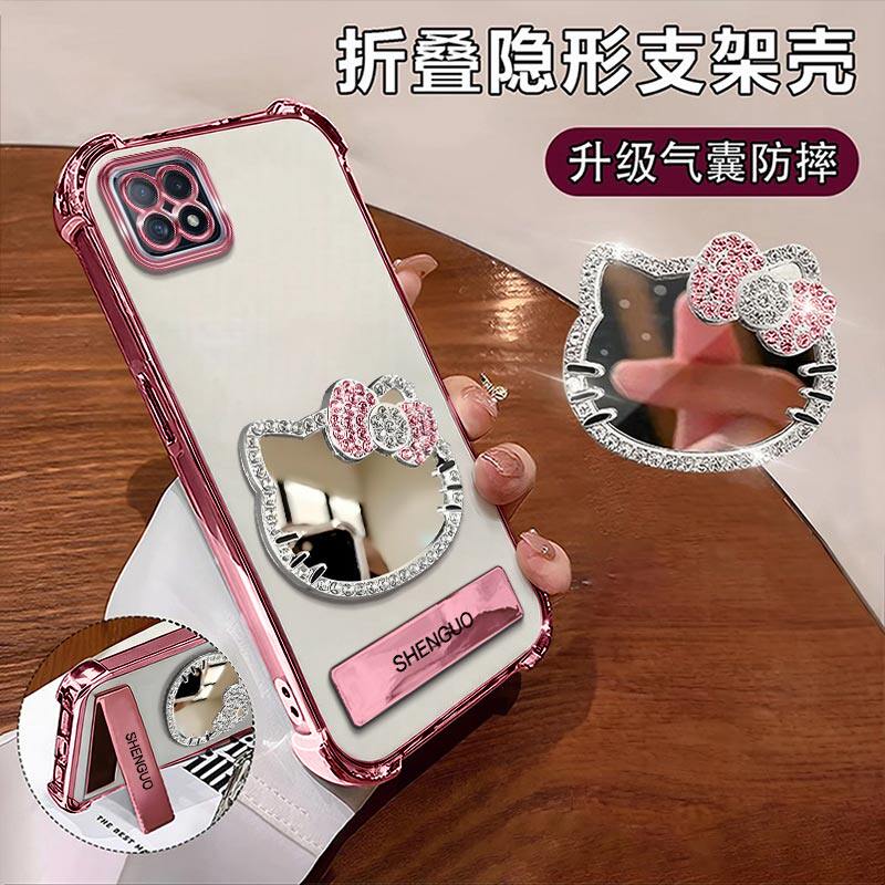 适用OPPOA72手机壳A53KT猫镜子OPPO电镀四角防摔气囊支架OPPOA35高颜值创意女款手链A15软壳