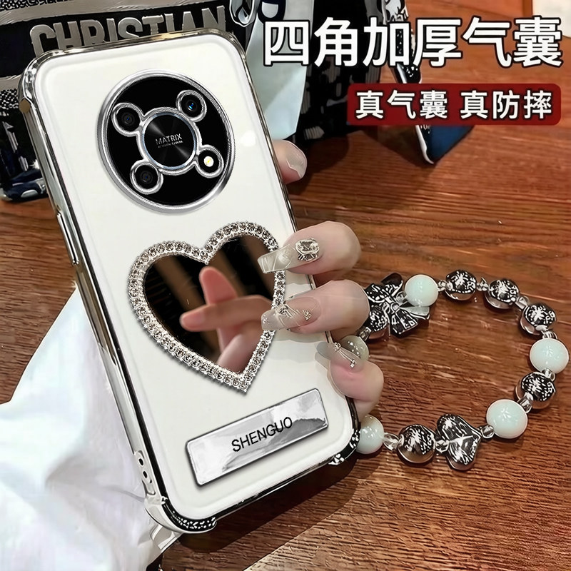 适用华为荣耀X30手机壳爱心镜子Honor电镀四角防摔气囊支架荣耀X30i高颜值创意女款手链保护套