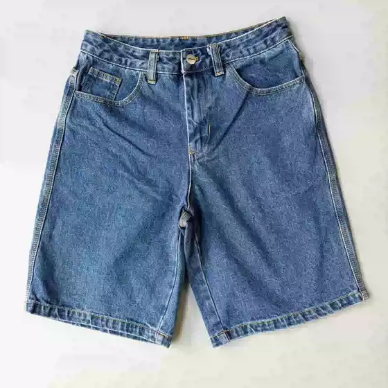 Men's Blue Denim Shorts, Summer Loose Straight-Leg Simple Casual Versatile Trendy Mid-Length Shorts