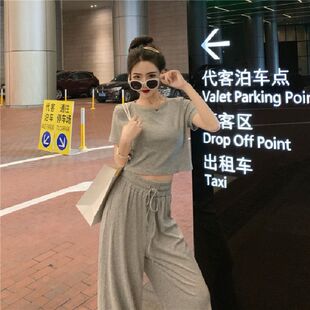 情侣夏季纯色家居服男女休闲韩版短袖T恤+阔腿休闲裤套装可外出装