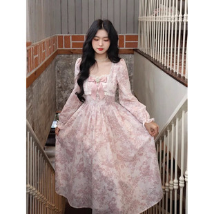 甜美公主风粉色碎花连衣裙女长袖春夏法式桔梗长裙温柔风超仙礼裙
