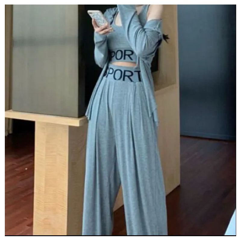 休闲运动套装女2026夏季新款修身背心宽松高腰阔脚裤跑步服三件套