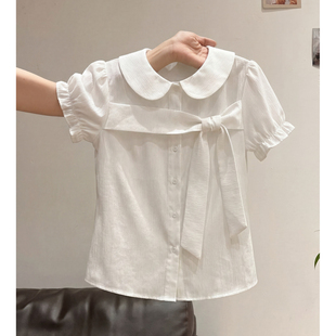 甜美泡泡袖蝴蝶结衬衫女夏季独特超好看娃娃领短袖上衣