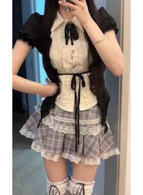 暗黑辣妹芭蕾风魔女黑色收腰假两件衬衫灰色拼接蕾丝格纹短裙套装