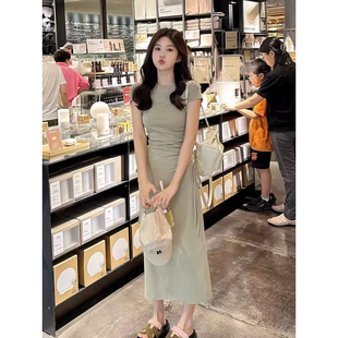 法式初恋圆领短袖连衣裙女夏季小个子抽绳收腰气质显瘦过膝长裙子
