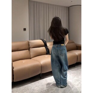 慵懒松弛感黑色短袖T恤上衣女夏季新款高腰牛仔裤套装