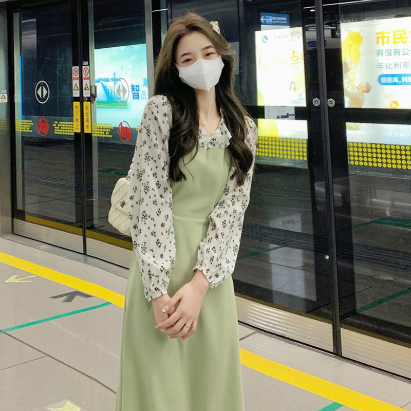 绿色雪纺碎花连衣裙女夏季