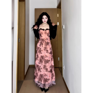 御姐辣妹一整套穿搭女春秋新款长袖披肩碎花吊带包臀裙性感两件套