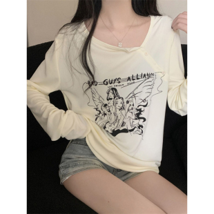 韩版时尚大码宽松长袖T恤女秋季辣妹网红小众设计感气质洋气上衣