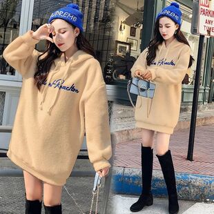 仿羊羔毛绒卫衣女连帽2026新款加厚加绒中长款韩版宽松长袖卫衣裙