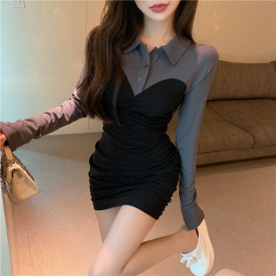 辣妹性感假两件连衣裙女秋夏新款薄款蹦迪纯欲短裙显瘦长袖包臀裙