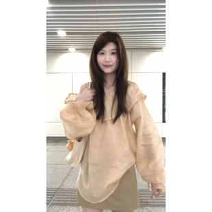 韩系甜美气质荷叶边一字肩长袖衬衫女高腰半身裙两件